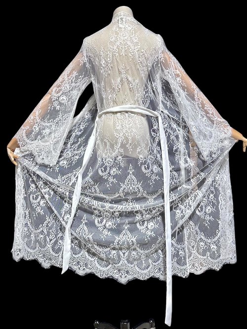 JONQUIL sheer white lace robe, see through feather weight white dressing gown, Wrap front with bell sleeves