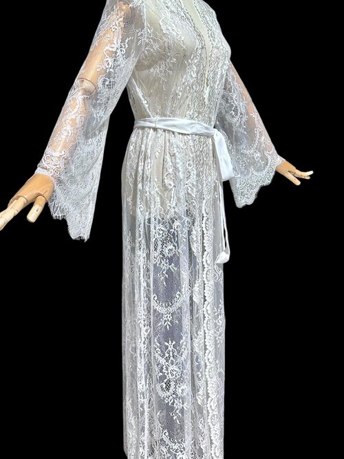 JONQUIL sheer white lace robe, see through feather weight white dressing gown, Wrap front with bell sleeves