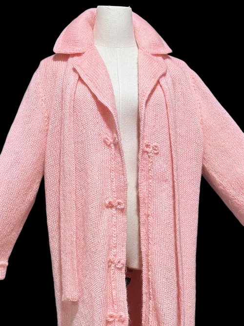 1960s vintage pink mohair coat, Mid Century stroller length open front coat with belt, medium