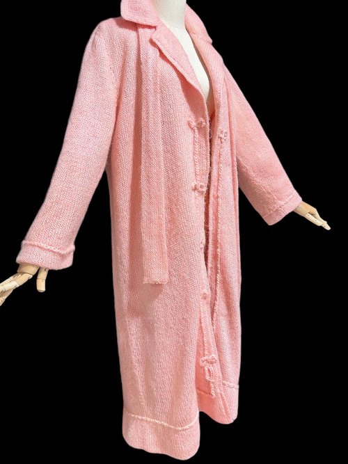 1960s vintage pink mohair coat, Mid Century stroller length open front coat with belt, medium