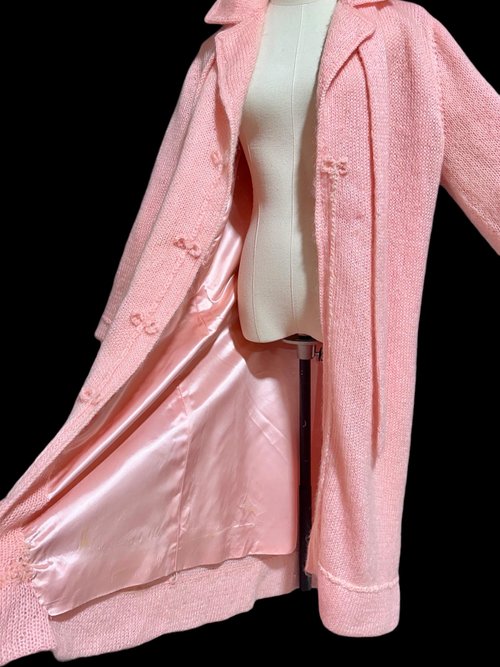 1960s vintage pink mohair coat, Mid Century stroller length open front coat with belt, medium