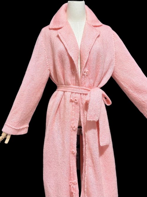 1960s vintage pink mohair coat, Mid Century stroller length open front coat with belt, medium