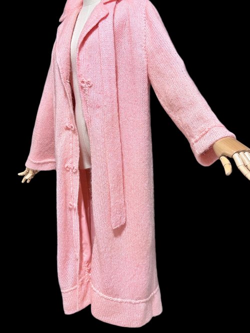 1960s vintage pink mohair coat, Mid Century stroller length open front coat with belt, medium