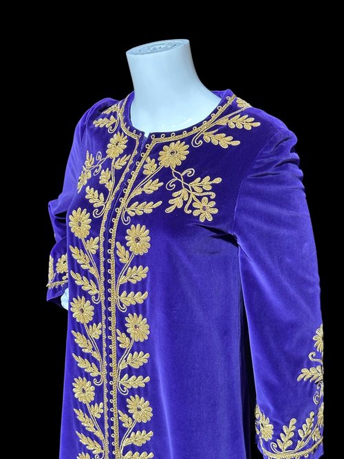 MALOUF Perfect Negligee, vintage evening gown, I. MAGNIN, Royal Purple velvet and gold metallic & rhinestones Kaftan