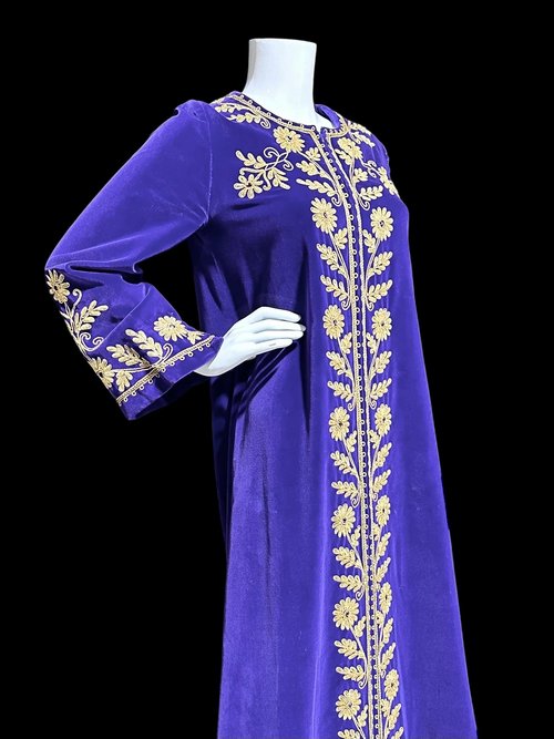 MALOUF Perfect Negligee, vintage evening gown, I. MAGNIN, Royal Purple velvet and gold metallic & rhinestones Kaftan