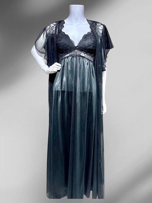 SCAASI vintage black nightgown robe peignoir 2 pc set, sheer dressing gown and slip dress