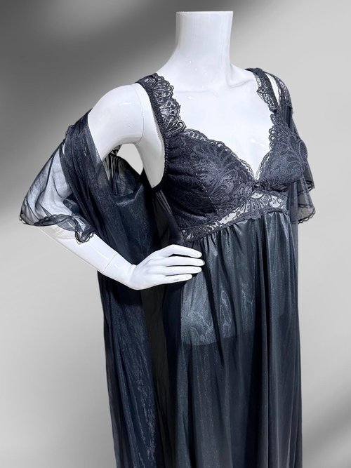 SCAASI vintage black nightgown robe peignoir 2 pc set, sheer dressing gown and slip dress