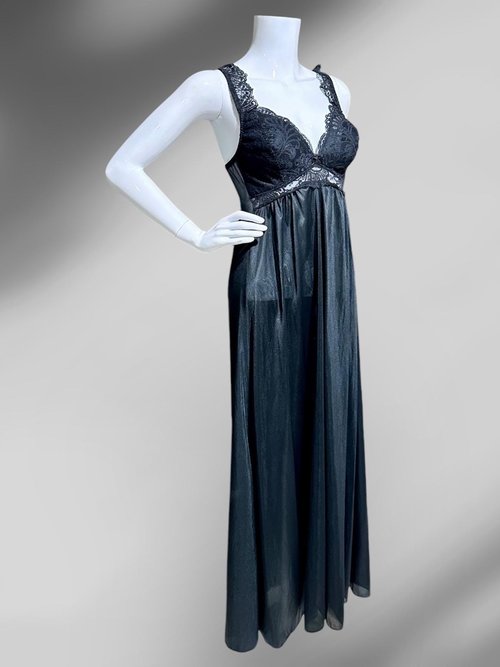 SCAASI vintage black nightgown robe peignoir 2 pc set, sheer dressing gown and slip dress