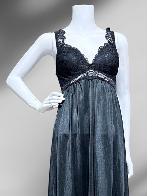 SCAASI vintage black nightgown robe peignoir 2 pc set, sheer dressing gown and slip dress