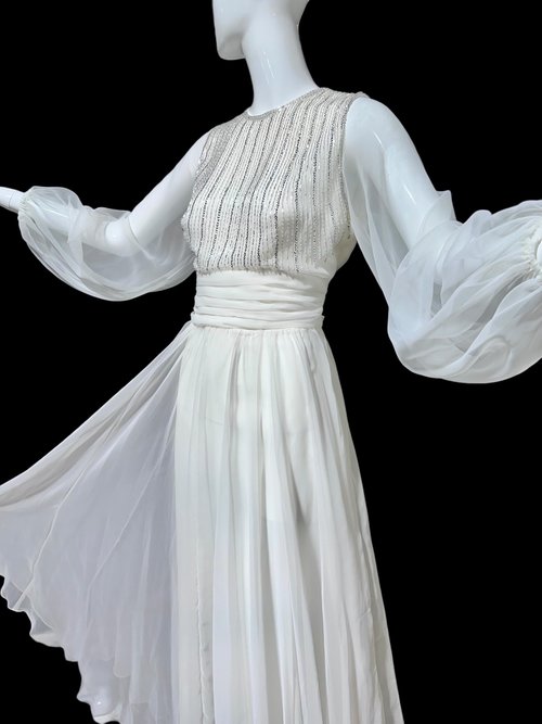 JACK BRYAN vintage evening dress, white chiffon beads and sequins, long sheer puffed sleeves, Palm Royale