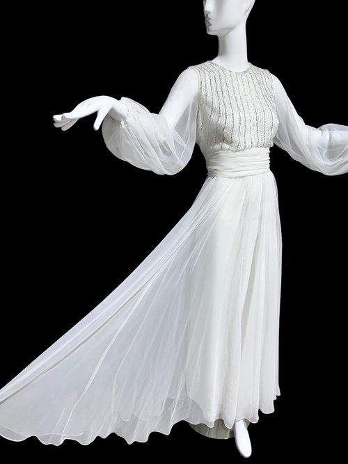 JACK BRYAN vintage evening dress, white chiffon beads and sequins, long sheer puffed sleeves, Palm Royale