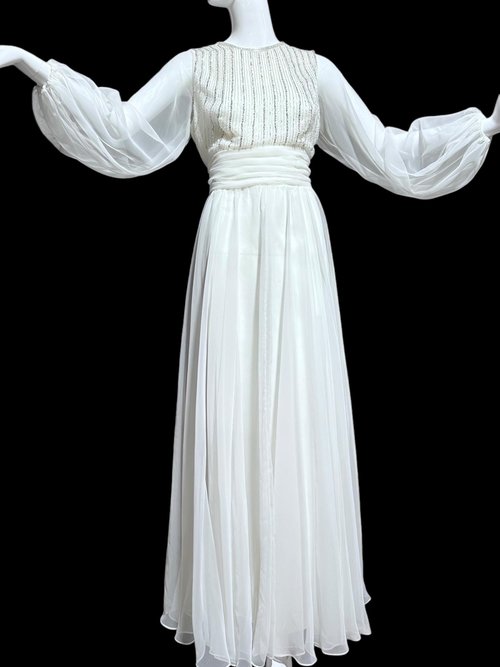 JACK BRYAN vintage evening dress, white chiffon beads and sequins, long sheer puffed sleeves, Palm Royale