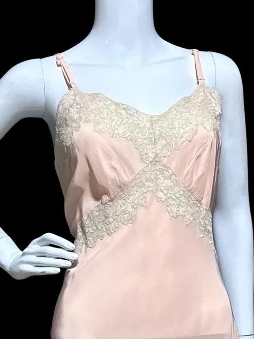 ALIDA The Richly Clad, Vintage 1930s Nightgown Slip Dress, baby pink rayon and lace sheath dress