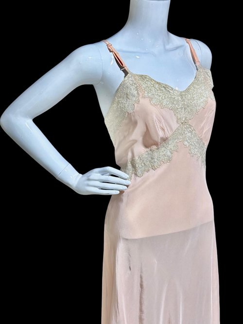 ALIDA The Richly Clad, Vintage 1930s Nightgown Slip Dress, baby pink rayon and lace sheath dress