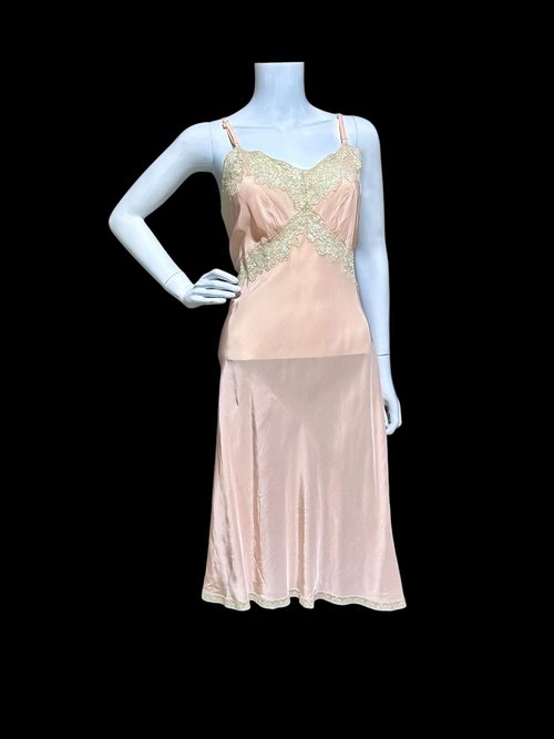 ALIDA The Richly Clad, Vintage 1930s Nightgown Slip Dress, baby pink rayon and lace sheath dress