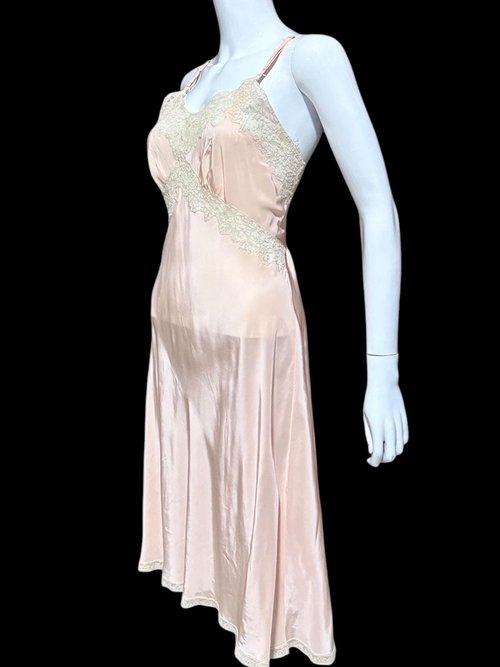 ALIDA The Richly Clad, Vintage 1930s Nightgown Slip Dress, baby pink rayon and lace sheath dress