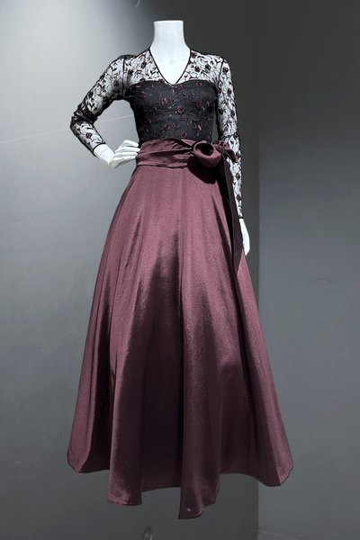 PAMELA DENNIS Couture evening dress, Aubergine purple full length embroidered mesh ball gown