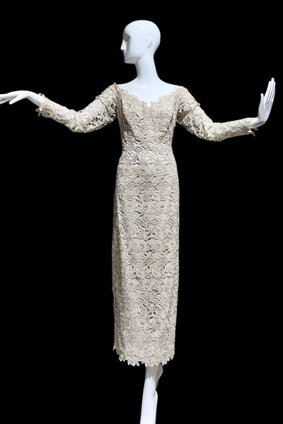 HELEN MORLEY vintage evening gown, open work lace sheath dress