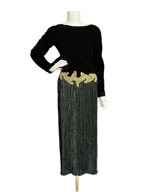Mary McFadden, Suite 101 1980s vintage evening dress, Black Velvet fortuny pleats plisse cocktail party dress