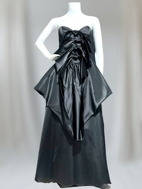 HOLLY HARP vintage 1980s ball gown, Black satin architectural peplum dress, Strapless bow front gown, 34 bust