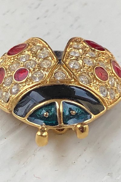 ROMAN signed Lady Bug Pin Brooch, vintage 1980s enamel rhinestone brooch, gold red green figural bug pin