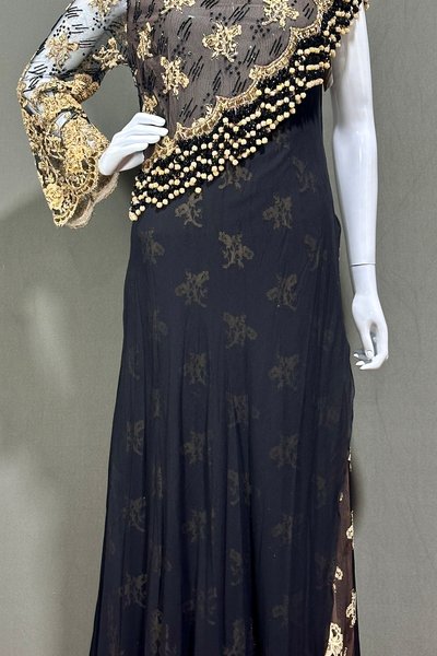 Vintage evening gown dress, Custom made Black and gold silk, heavily beaded one shoulder one sleeve gown, full length prom dress