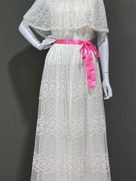 vintage evening dress gown, RICHILENE New York, white lace off shoulder formal hippie boho chic wedding gown, ruffle collar prairie dress