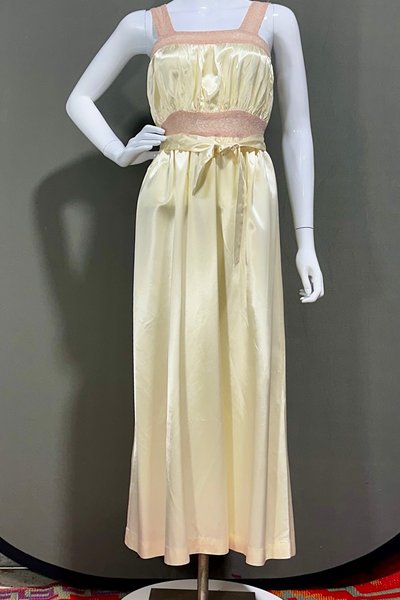 1930s vintage Nightgown slip dress, Banana cream and old rose shiny night dress, heavy satin with waist tie