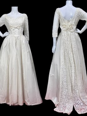 1950s vintage wedding dress, White taffeta and lace full length bridal ball gown