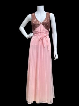VANITY FAIR nightgown slip dress, vintage 1950s Petal Pink and Chocolate Brown Grecian Goddess
