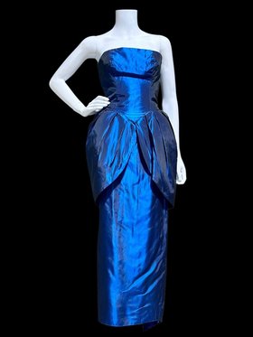1950s vintage evening dress, Sapphire blue taffeta wiggle Peplum gown