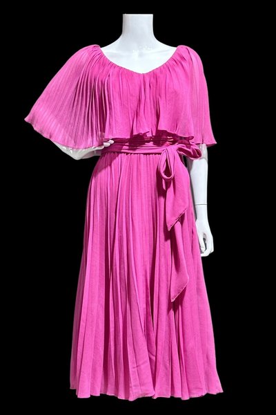 MISS ELLIETTE 1960s vintage Hot Pink pleated cocktail dress, ruffled collar party dress