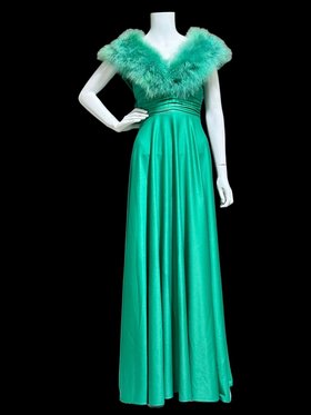 LILLI DIAMOND 1970s Vintage evening dress, teal green gown with marabou feather collar, New old stock