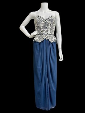 FABRICE SILHOUETTE 1980s vintage evening dress, Navy Blue and white beads and sequins strapless peplum formal gown