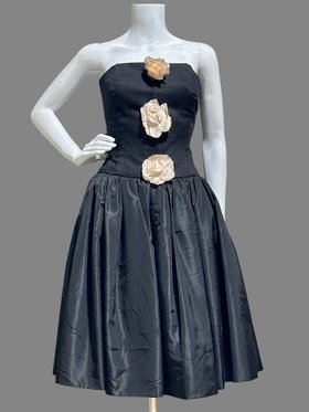 1960s cocktail party dress, vintage 60s black linen and taffeta strapless evening dress