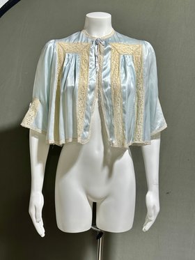 1940s vintage bed night jacket, Shiny icy blue satin with lace evening jacket