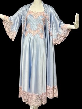 CHARLOTTE HILTON, vintage nightgown peignoir set, shiny powder blue sheath with pink lace