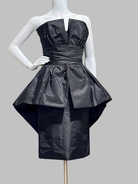 VICTOR COSTA 1980s vintage cocktail dress, Black Taffeta architectural wiggle peplum evening dress
