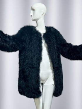 AZZARO PARIS vintage marabou feather jacket, fluffy black car length evening jacket, hook closures, medium large