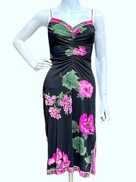 LEONARD Paris vintage cocktail dress, black floral bodycon sheath slip dress, Hot Pink Bold flowers