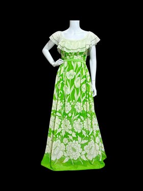 1970s vintage maxi Dress, Off shoulder sheer green floral and white organza ruffled collar evening party dress