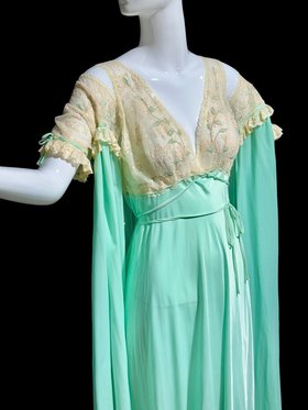1960s Vintage nightgown robe set, Minty green grecian wrap peignoir set, slip dress and housecoat
