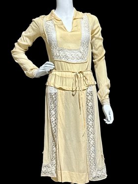 1920s vintage day dress, Butter creamy yellow with white lace day dress, antique flapper dress