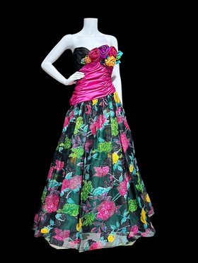 EUGENE ALEXANDER vintage 80s evening dress gown, floral rosette evening dress, floral ball gown