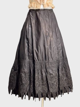 1900s Victorian Antique polished cotton maxi skirt, Black lace and embroidery mourning skirt