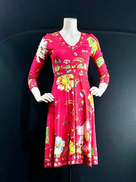 MAURICE 1970s vintage dress, Pucci- esque Psychedelic polyester jersey knit floral signed casual day work dress