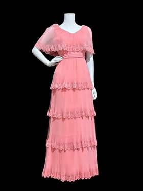 Miss Elliette vintage 1960s dress, accordion pleated chiffon lace trimmed maxi dress, Old Rose evening dress
