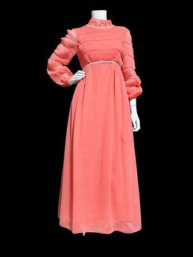 CLIFTON WILHITE vintage 1970s maxi dress, orange sherbet coral chiffon gown, long sleeves and ruffles evening party dress, 34 bust