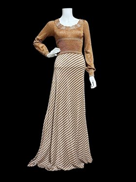WENJILI vintage 1970s Knit Maxi Dress, Copper Metallic lurex Knit Dress Crochet Neckline, STRETCHY