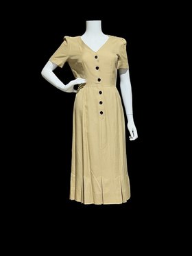 ADELE SIMPSON vintage 1980s linen dress, toast tan day dress, button front shirtdress